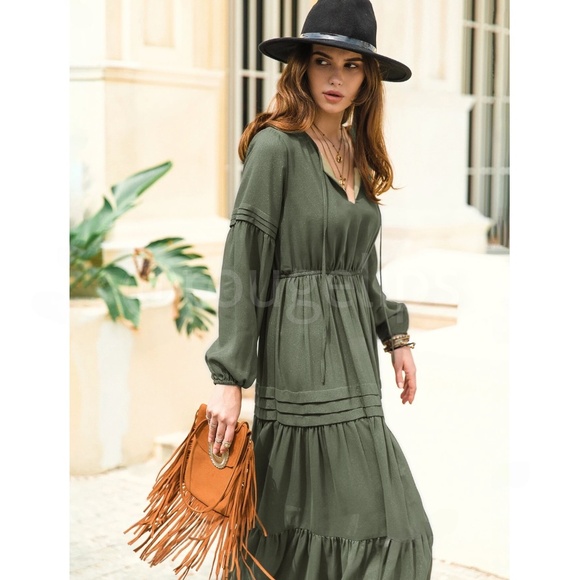 Army Green Bohemian Maxi Dress Chiffon Neck Ties Long Sleeve Ruffle Hem Flowy - Picture 5 of 10